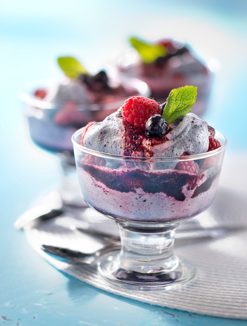 Blaubeermousse mit frischen Himbeeren und schwarzem Johannisbeer-Coulis