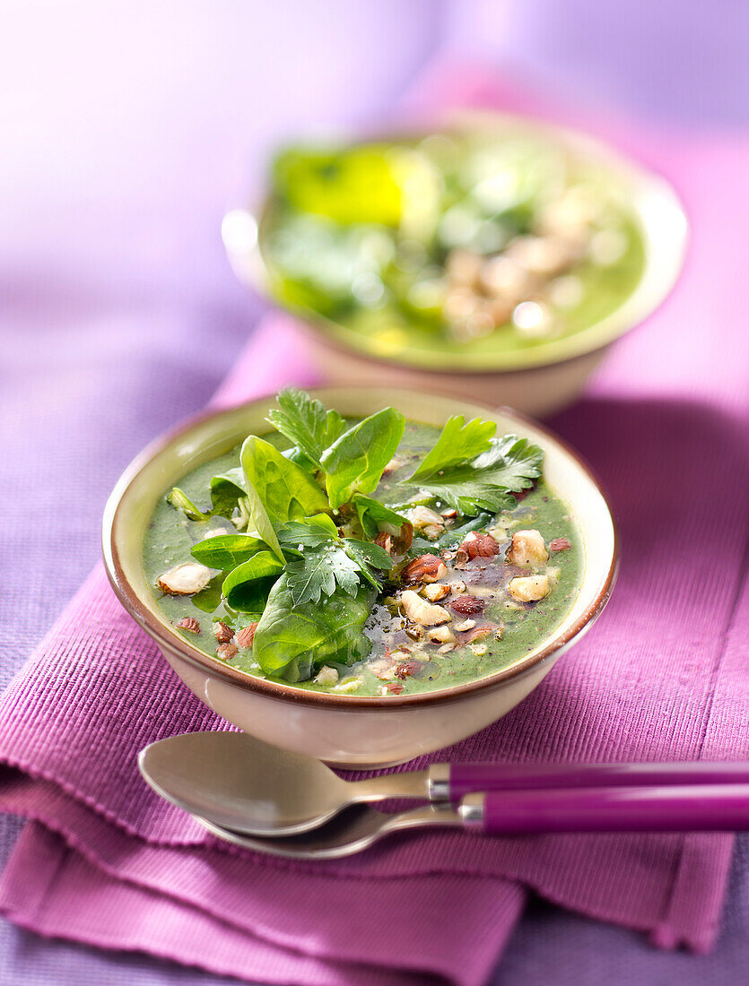 Chilled cream of watercress soup with crushed hazelnuts and spinach-corn lettuce