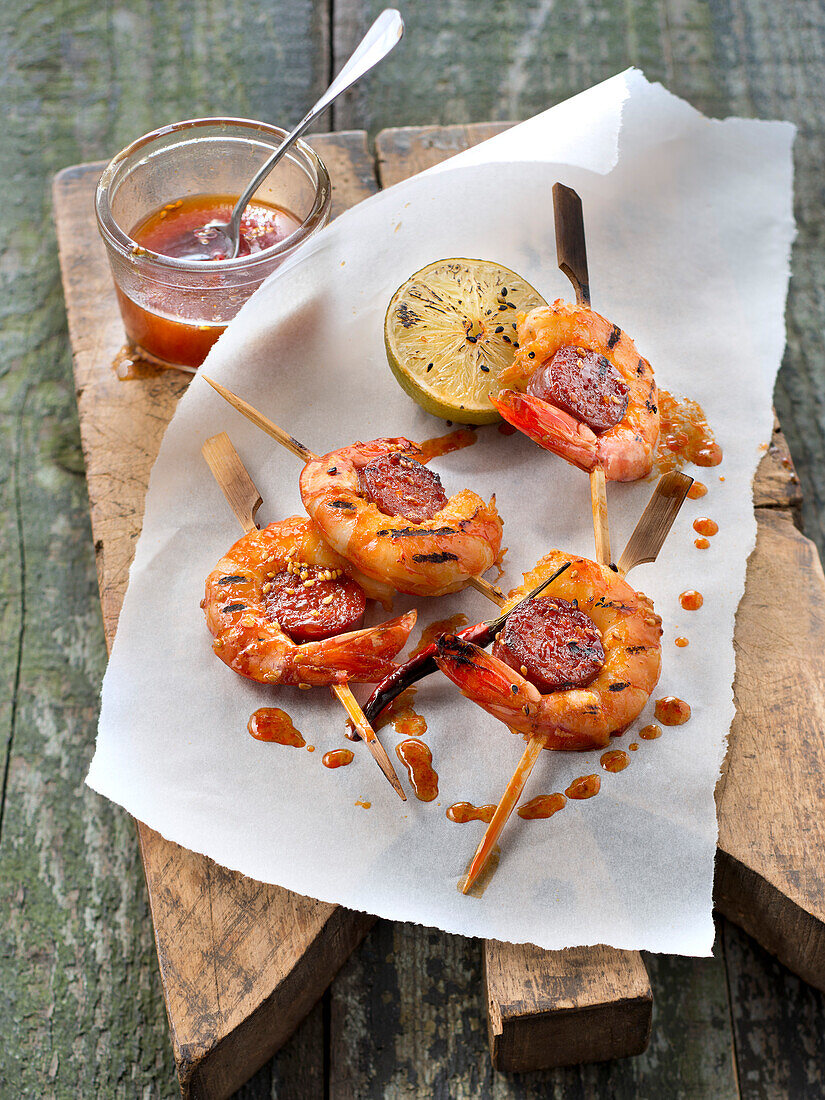 King prawn and Chorizo brochettes with spicy sauce