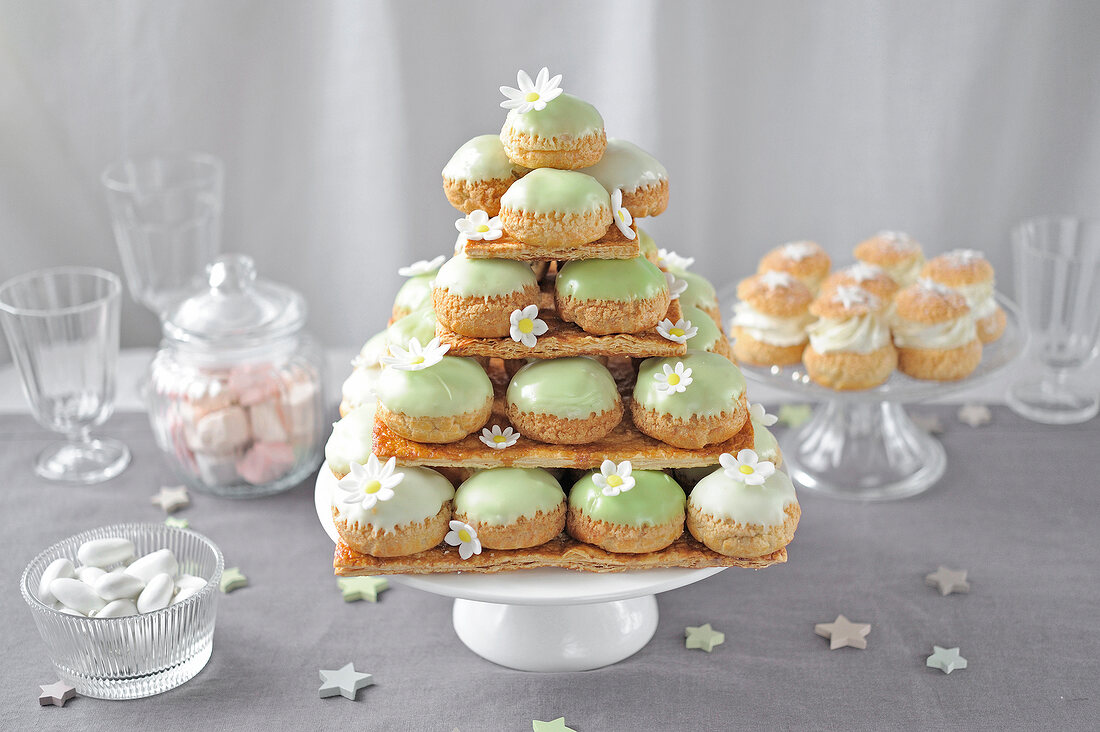 Pyramid of frosted cream puffs