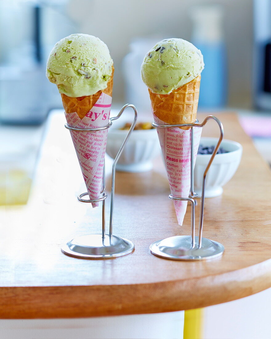 Pistachio and chocolate chip ice cream cones
