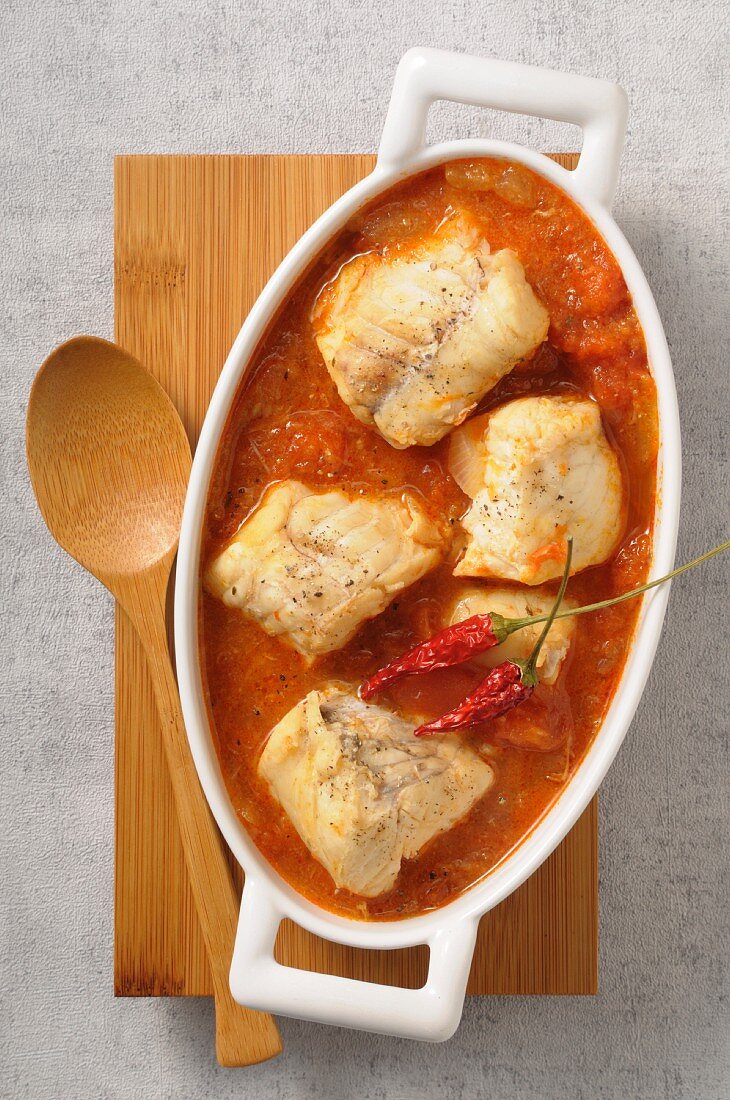 Monkfish with hot pepper tomato sauce