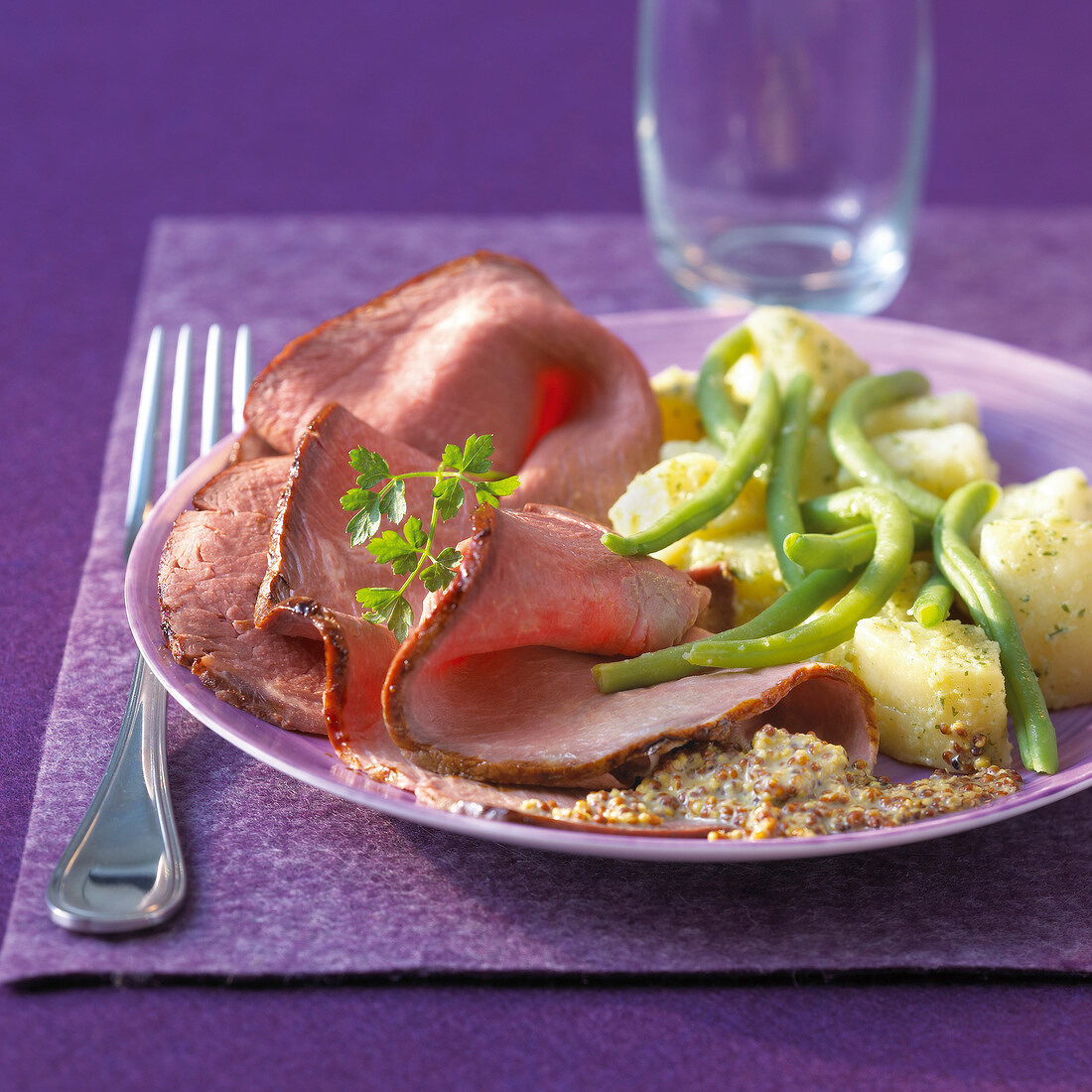 Thin slices of roast beef,traditional mustard sauce,potato and green bean salad