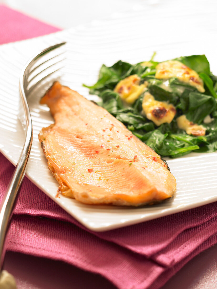 Fillet of trout with simmered and grilled spinach
