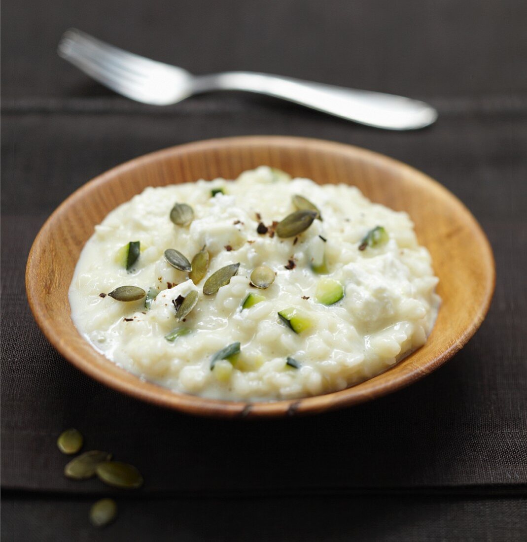 Soya milk and zucchini and squash seed risotto
