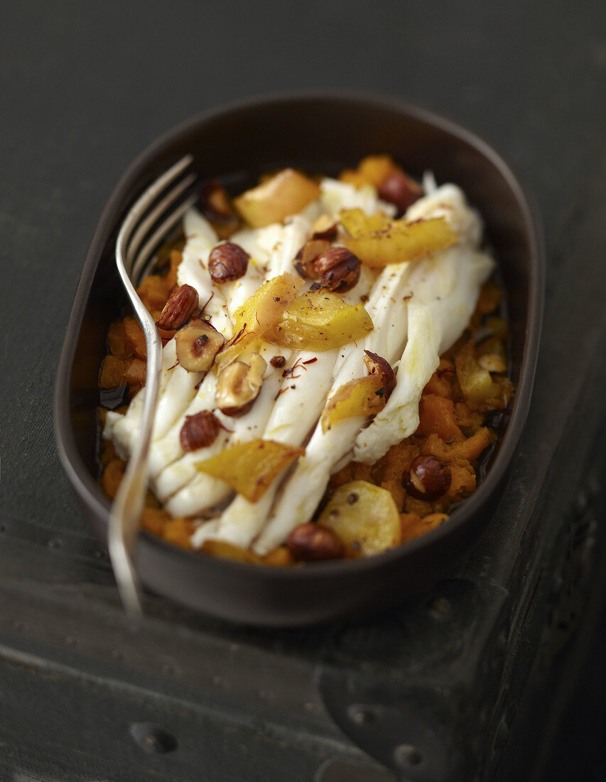 Skate with slowly cooked sweet potatoes and hazelnuts