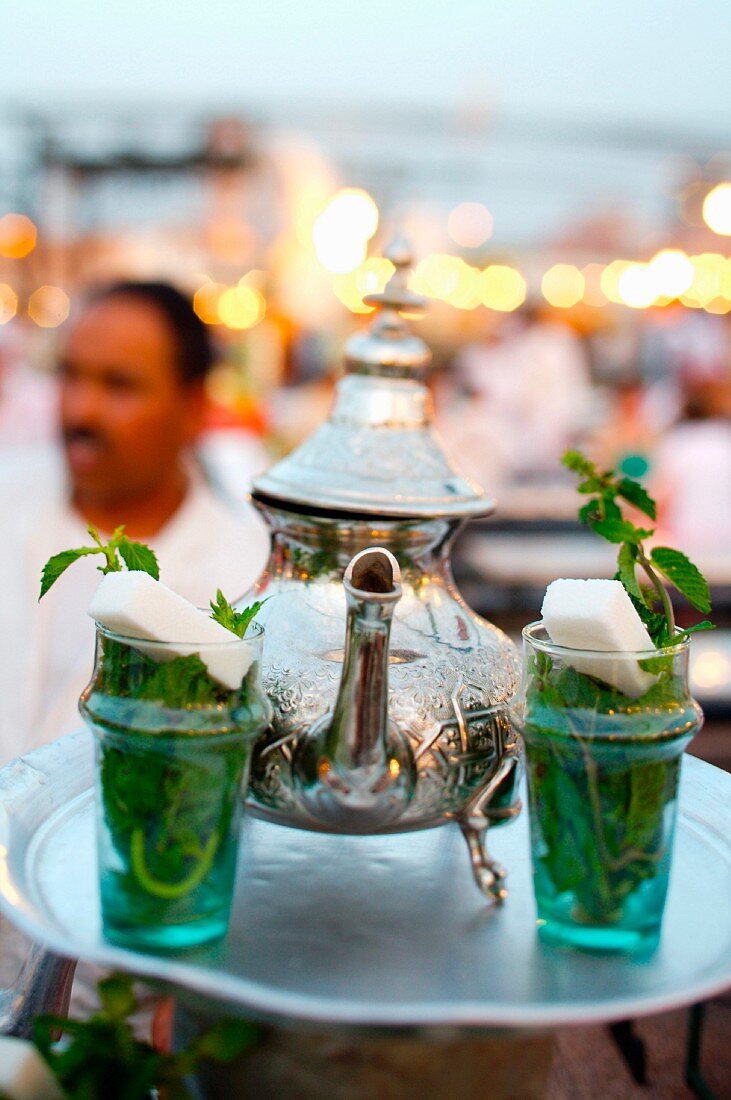 Selling mint tea on the Jemaa el-Fna square
