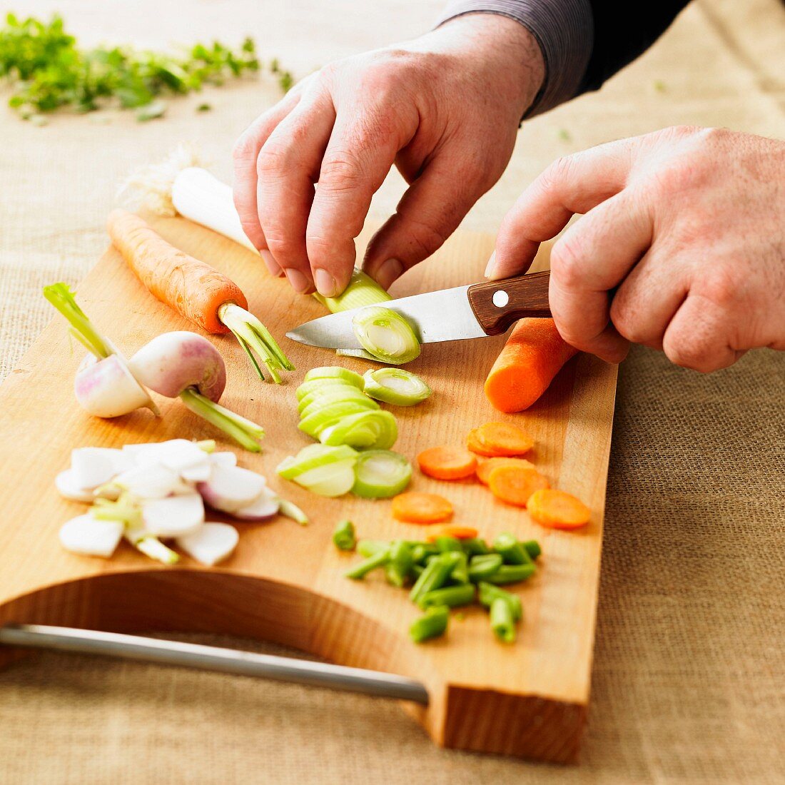 Slicing vegetables for a soup