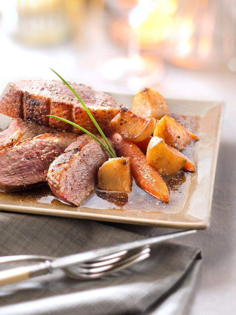 Pan-fried duck magret with sherry vinaigar,turnips and carrots