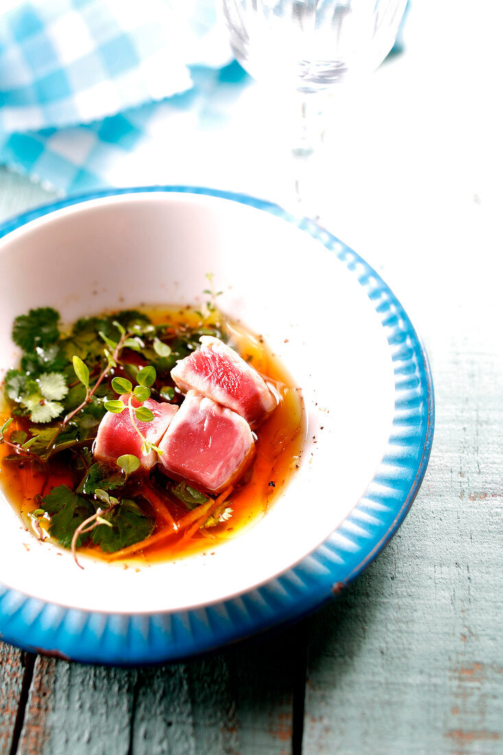 Tuna marinated in soya sauce with herbs