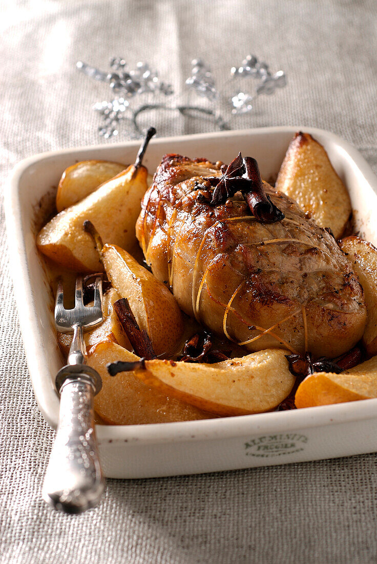 Veal roast with pears,star anise and cinnamon