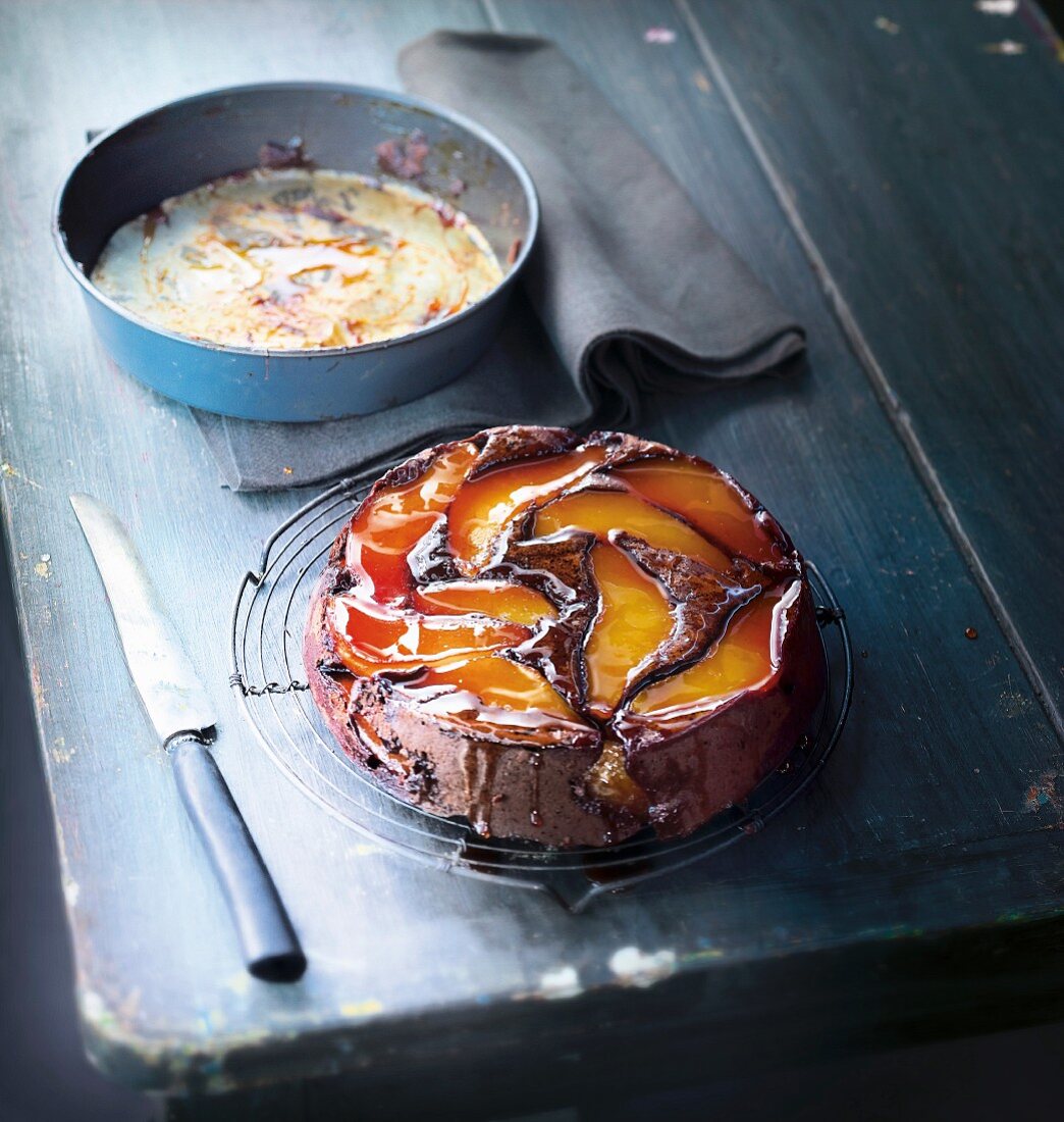 Chocolate and pear upside-down cake