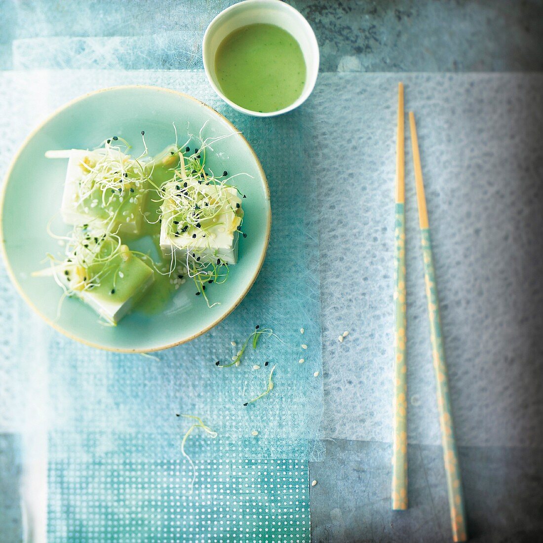 Tofu cubes with green tea and alfafa cream