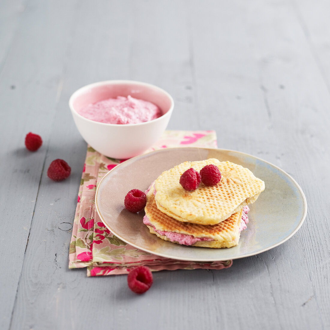 Waffles with mascarpone and raspberry filling