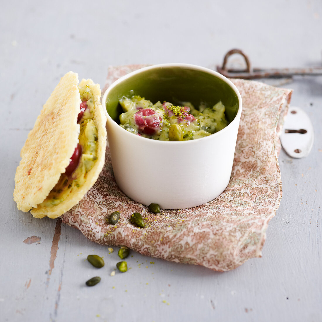 Waffles with pistachio cream and griotte sour cherry filling