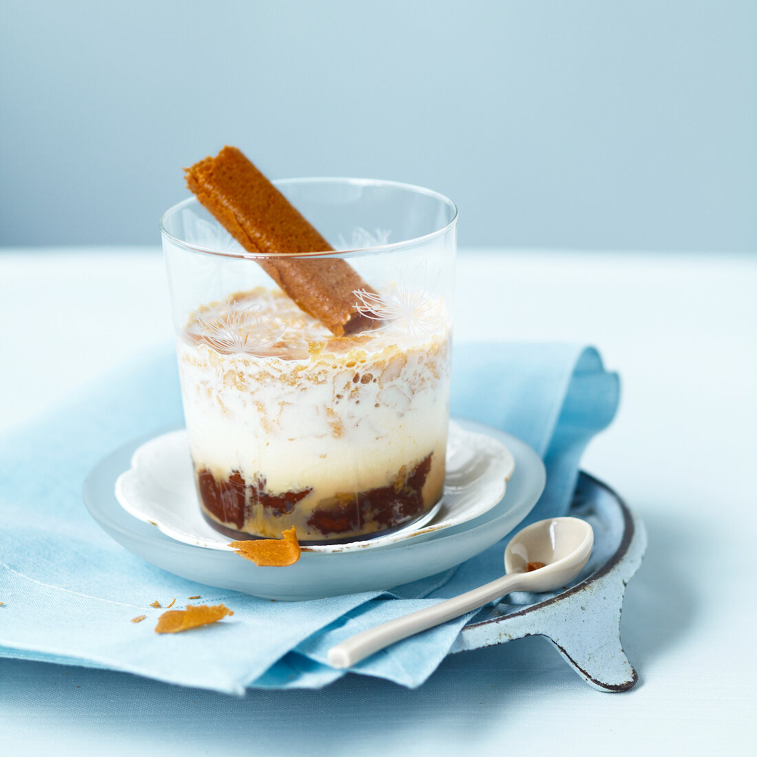 Joghurt mit Schokolade und Crêpe-Dentelle-Waffelröllchen