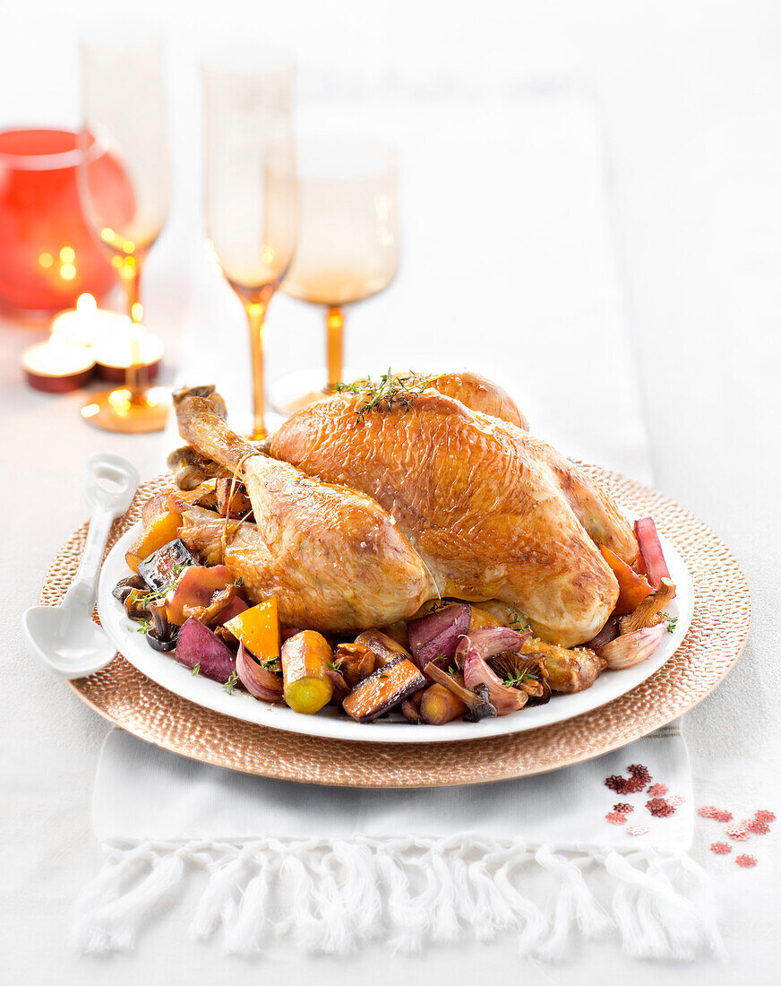 Capon stuffed with gingerbread and served with apples, mushrooms and old-fashioned vegetables