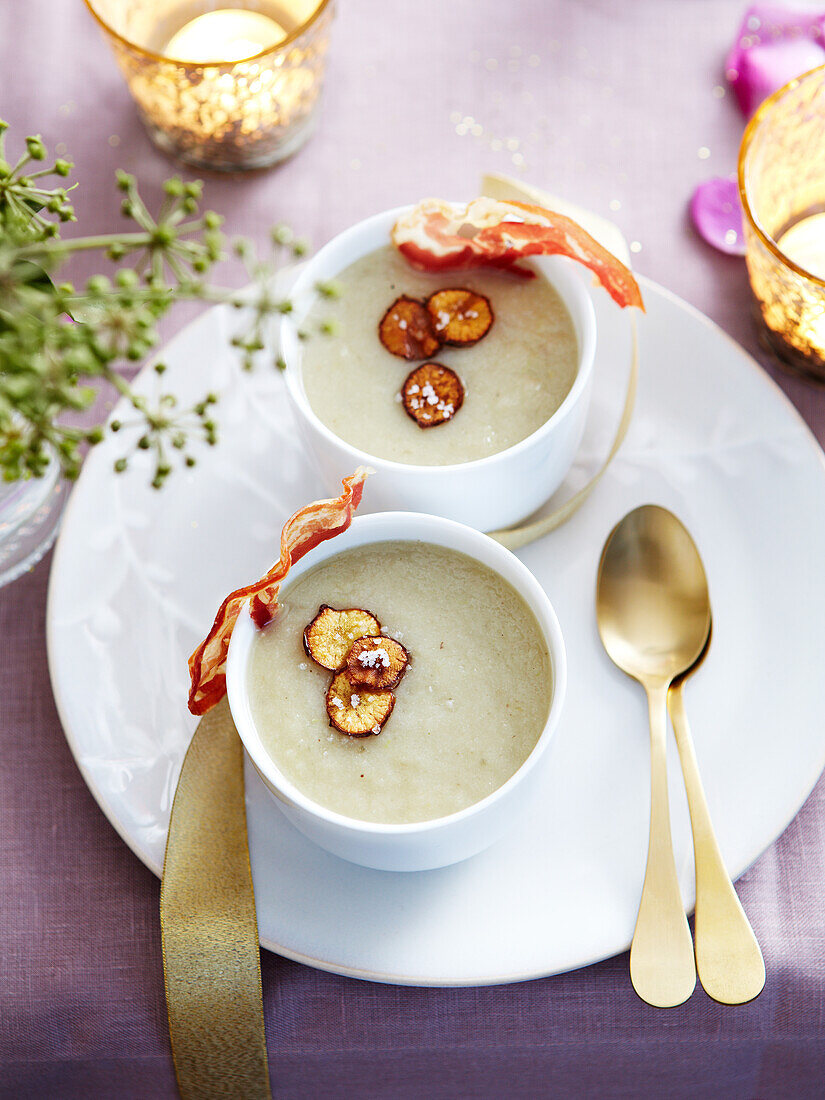 Cream of mushroom soup with grilled smoked bacon
