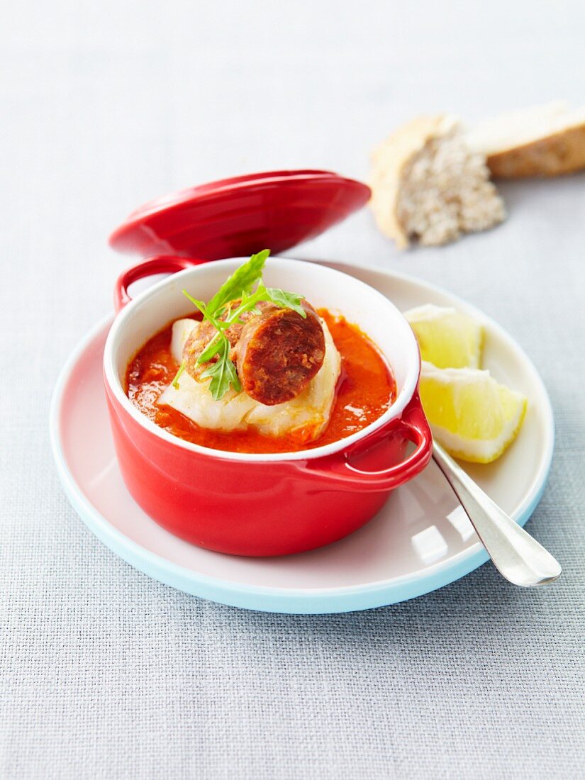 Tomato soup with salt cod and chorizo