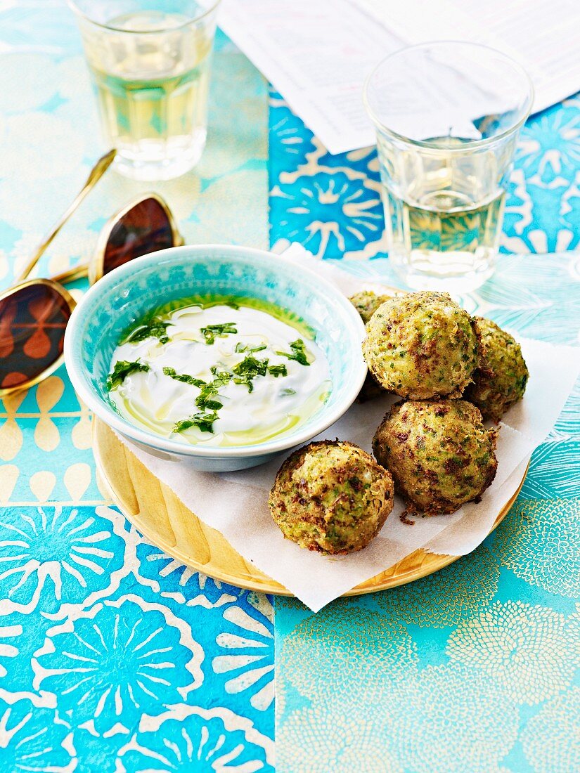 Chicken and herb meatballs with minty yoghurt sauce