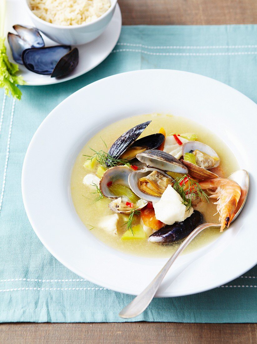 Cod,shellfish and vegetable soup
