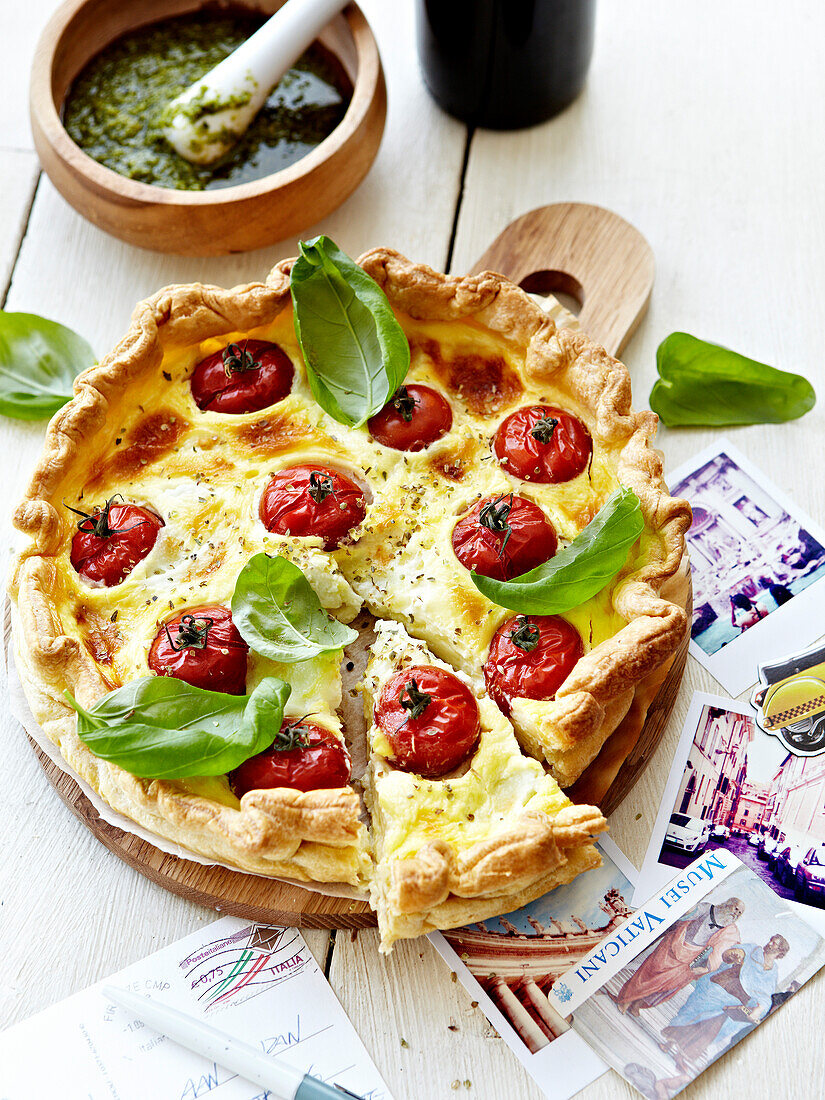 Fromage frais,cherry tomato and basil quiche