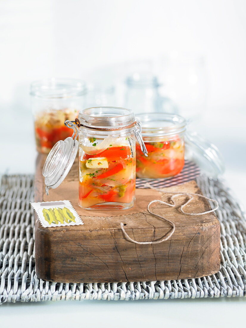 Small jars of pickled vegetables