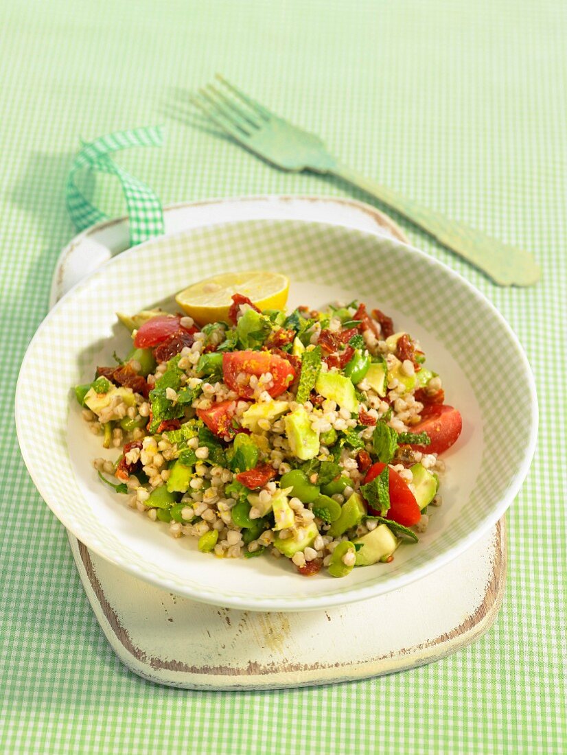 Buckwheat tabbouleh with tomatoes,broad beans and avovado