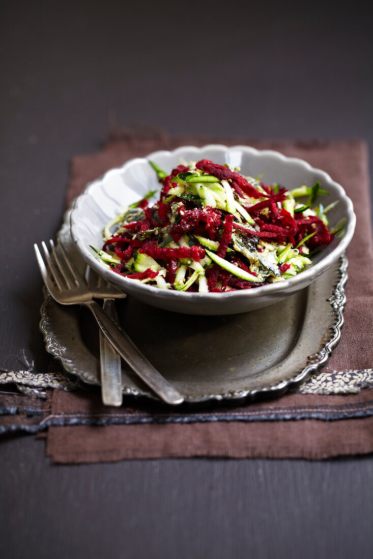 Grated zucchini and beetroot salad with seaweed