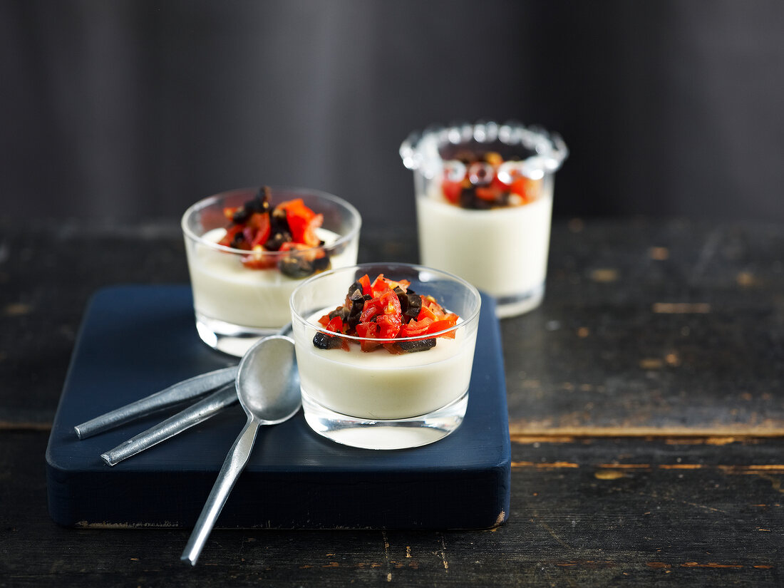 Panacotta with red peppers and black olives