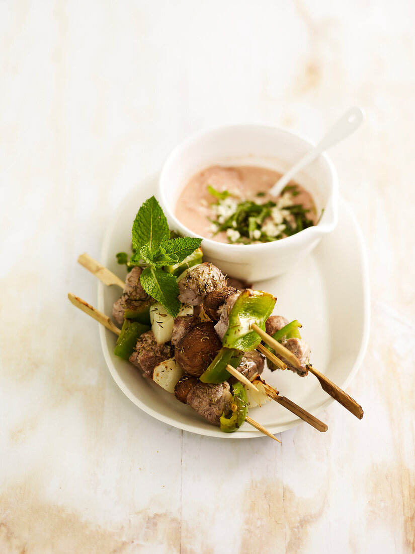 Lamb skewers with mint sauce