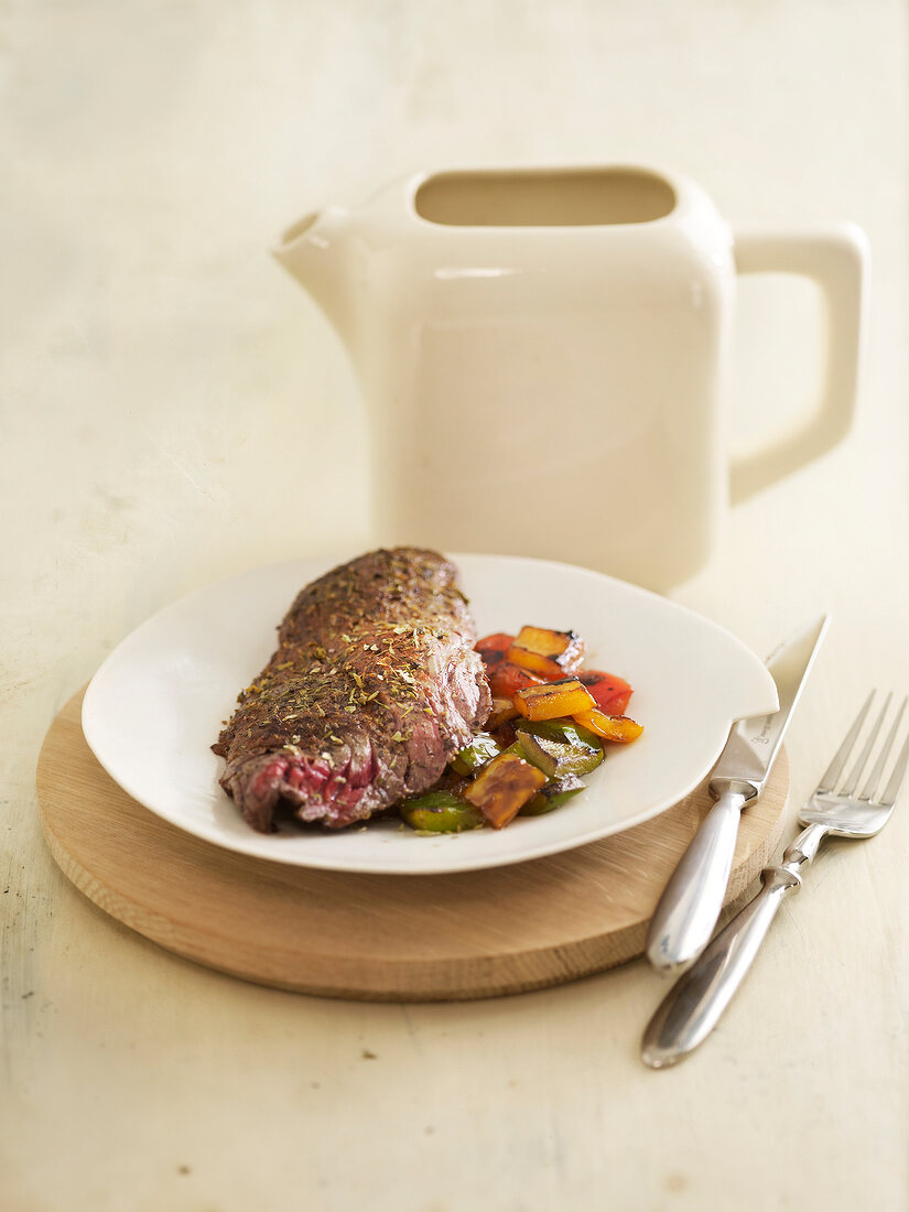 Herb steak, pan-fried with 3 peppers