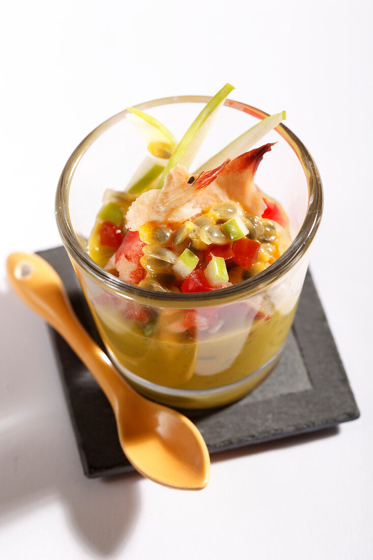 Apple, passionfruit, tomato and flaked crab verrine