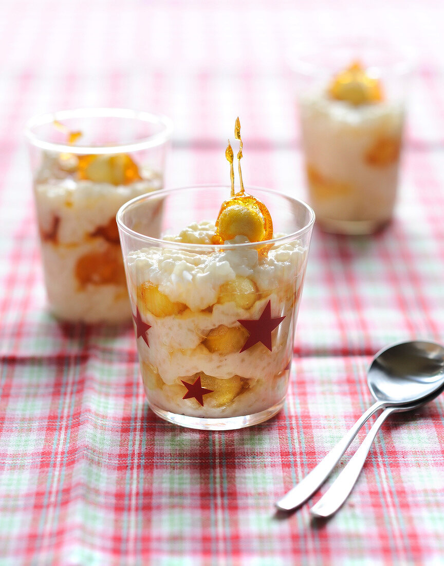 Rice pudding with caramelized apple balls