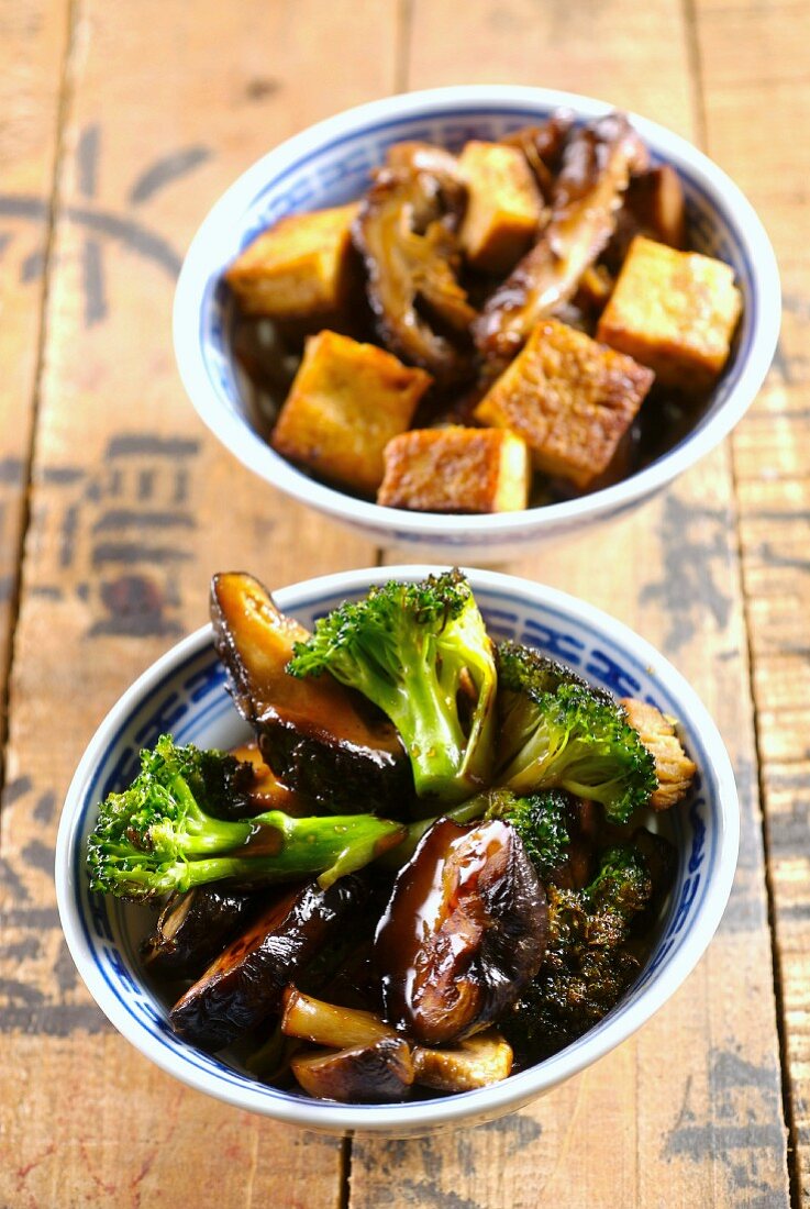 Sautéed mushrooms with broccoli and hoisin sauce, and sautéed shiitake mushrooms with tofu