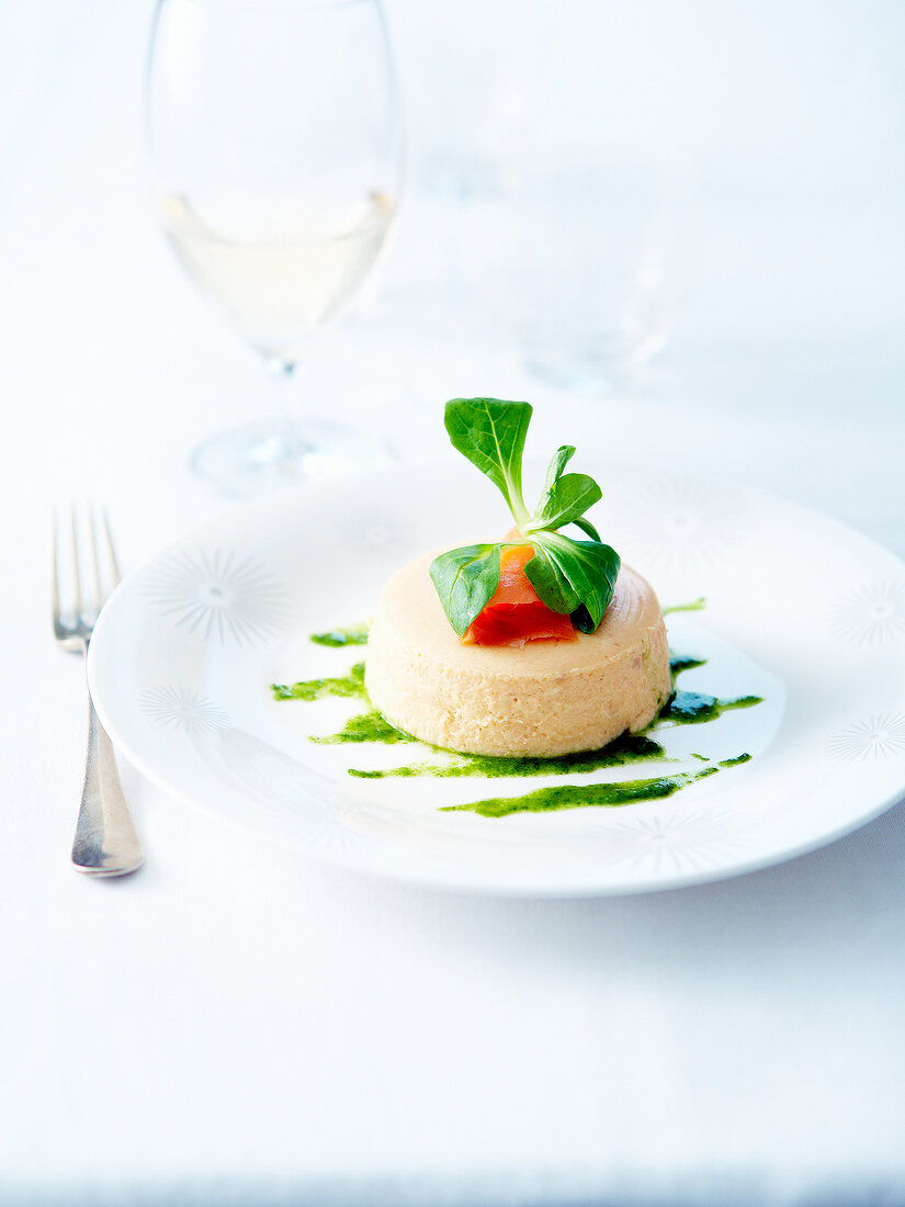 Salmon mouse Timbale with corn lettuce puree