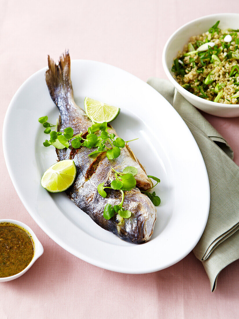 Grilled seabream,mint and cilantro marinade,quinoa spring onions