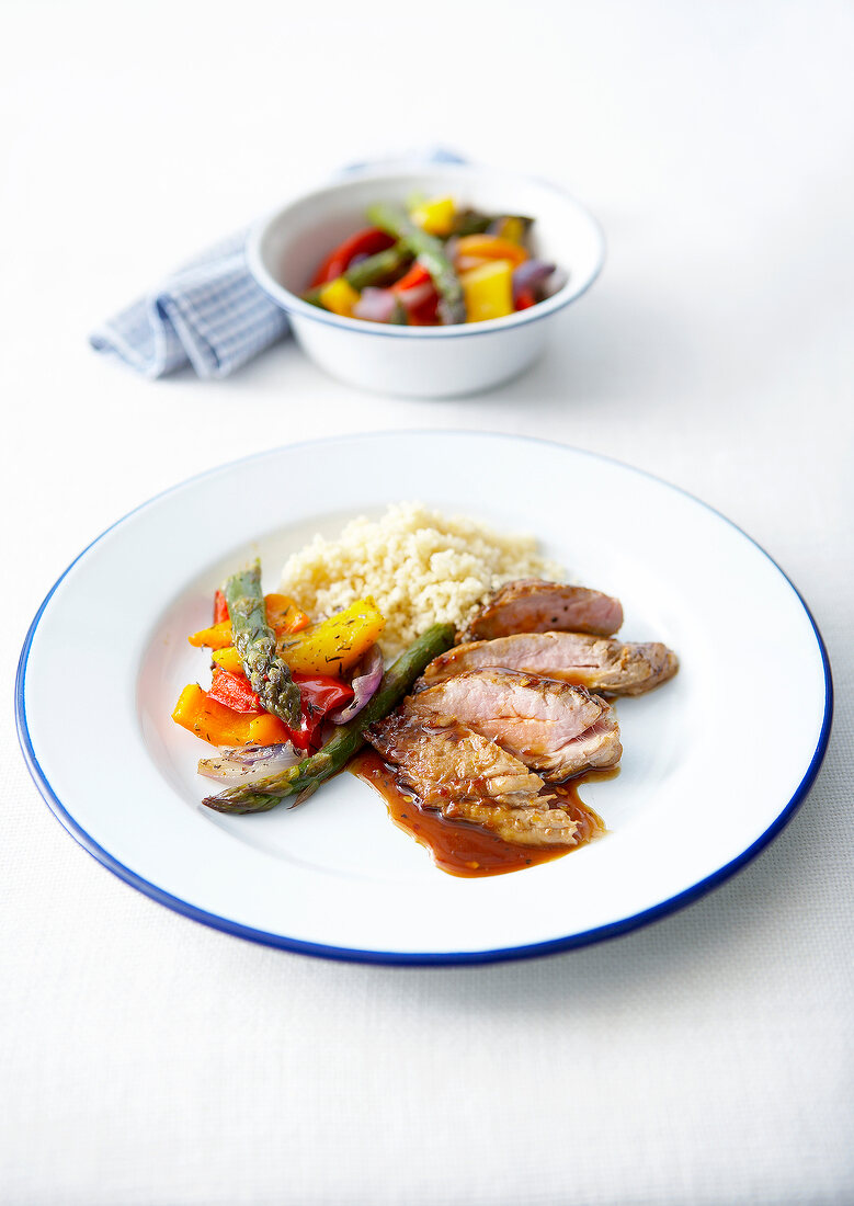 Veal filet mignon,fine semolina,peppers and asparagus with olive oil