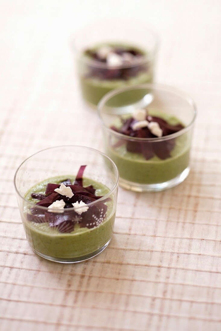 Cold broccoli creamed soup with crumbles sheep's milk cheese and dulse seaweed