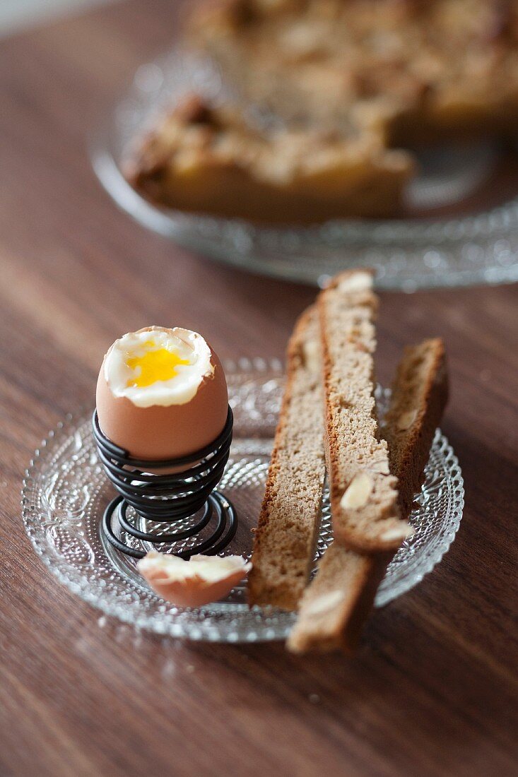 Soft-boiled egg with chestnut flour bread fingers