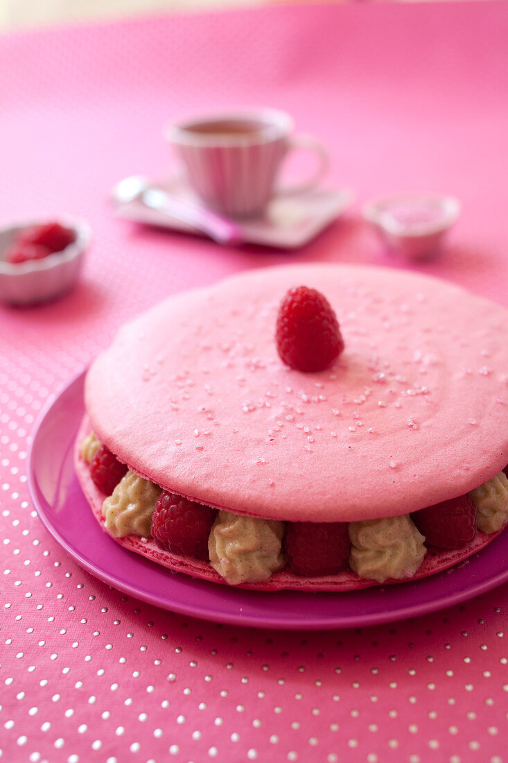 Giant raspberry and Chibouste cream macaroon