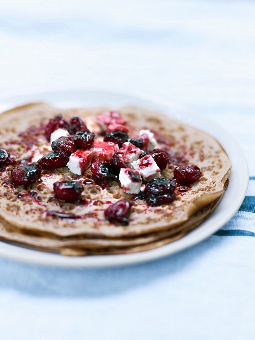 Chestnut flour pancakes, sheep's milk cheese and griotte sour cherries