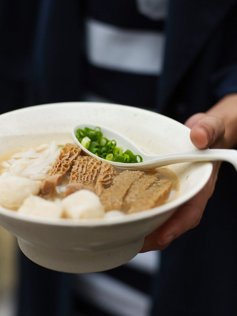 Chinesische Suppe mit Reisnudeln, Kaldaunen, Omelett, Schnittlauch und Fischbällchen