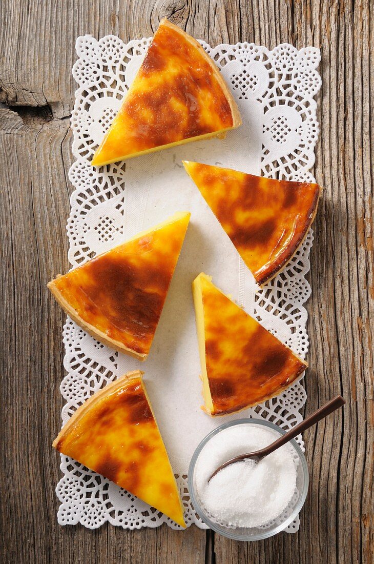 Slices of baked egg custard pie