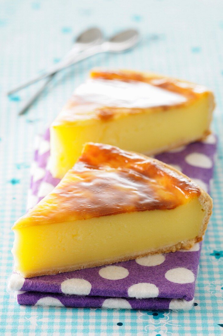 Slices of baked egg custard pie