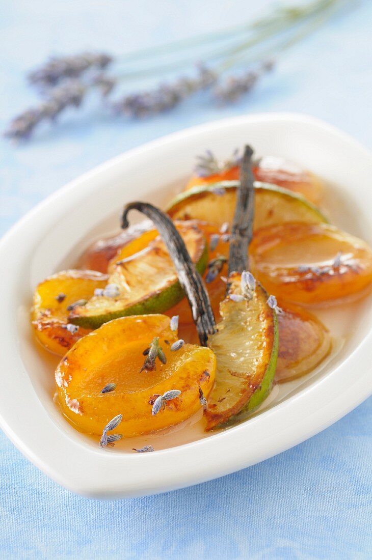 Lavander and vanilla-flavored roasted apricots and lime in syrup