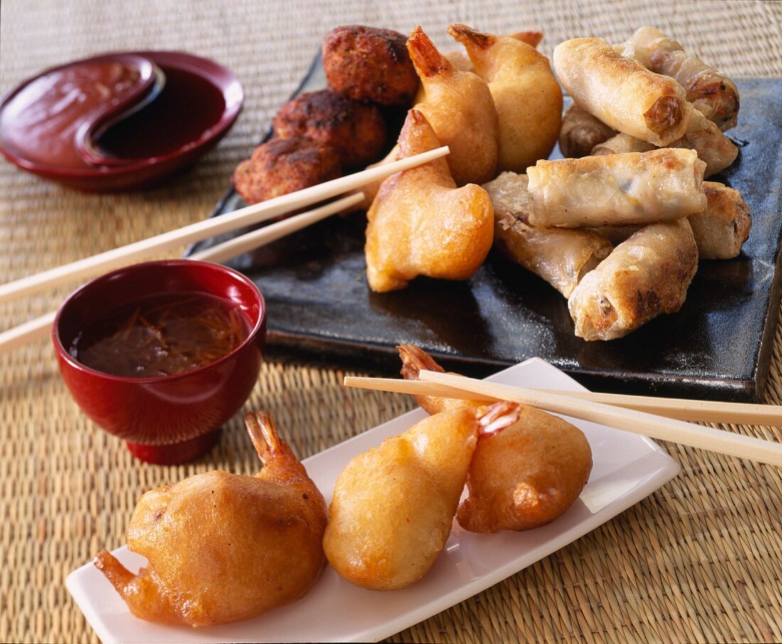Assortment of Chinese fritters and nems