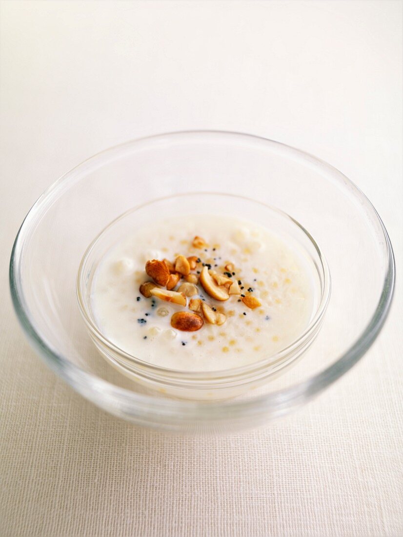 Coconut milk and Japanese pearl pudding with dried fruit