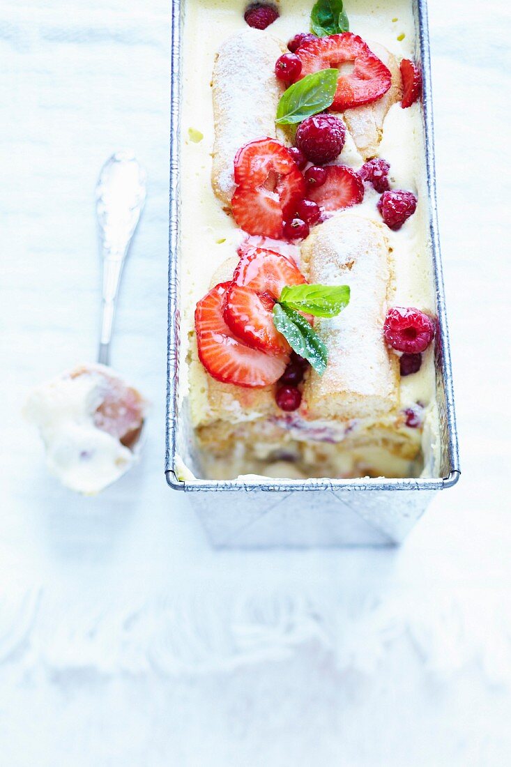 Terrine-style strawberry,raspberry and basil tiramisu