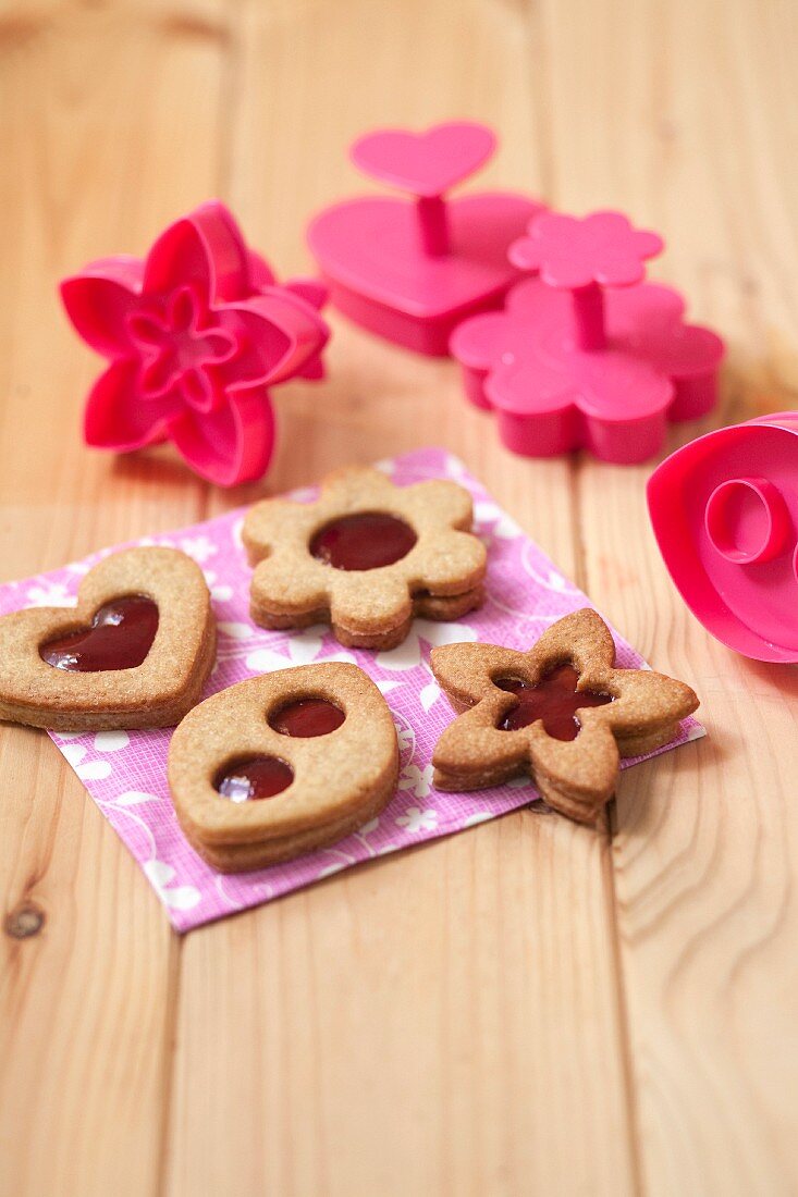 Strawberry jam shortbreads and biscuit cutters